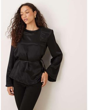 ASOS Satin Blouson Tie Waist Top With Shoulder Pads - Black