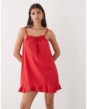 Collusion Vestido Corto De Estilo Babydoll De Tejido Efecto Lino De -Blanco - Rojo