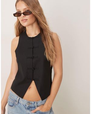 Mango Linen Blend Round Neck Vest With Knot Front Detail Fastening - Black