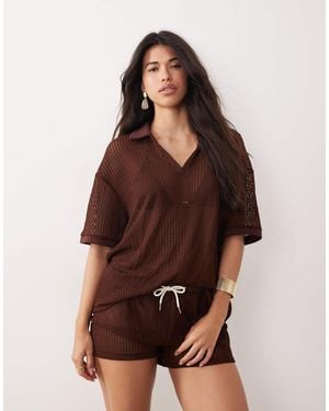 Kaiia Exclusive Crochet Collar Detail Oversized Polo Top Co-ord - Brown