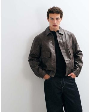 ASOS Oversized Double Pocket Leather Look Harrington - Brown