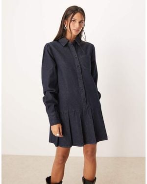 Glamorous Drop Waist Pleated Mini Denim Dress - Blue