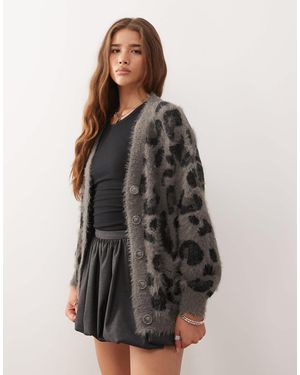Noisy May Brushed Knit Leopard Cardigan - Gray