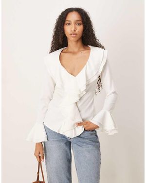 Glamorous V-Neck Ruffle Trim Blouse - White