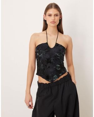Motel Daiki Halter Velvet Leaf Top - Black