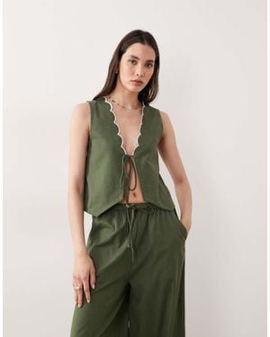 esmé studios Esmee Tie Front Beach Top Co-ord With Cream Scallop Trim - Green