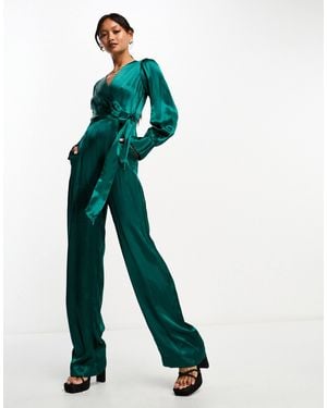 Closet Satin Wrap Wide Leg Jumpsuit - Green