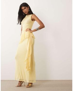 ASOS Mesh Sleeveless Maxi Dress With Ruching And Frill Details - Natural