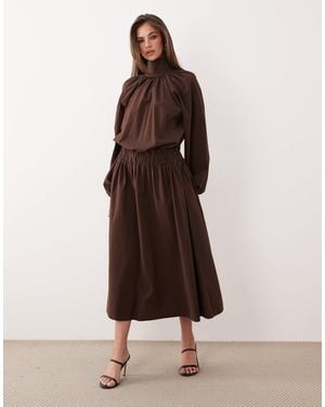 ASOS Zip Through Poplin Volume Pleat Maxi Dress - Brown