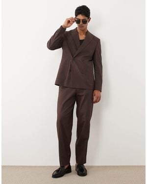 ASOS 100% Cotton Linen Look Oversized Tapered Suit Pants With Elasticated Waist - Brown