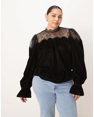 ASOS Asos Design Curve Velvet And Lace Mix High Neck Long Sleeve Blouse - Black
