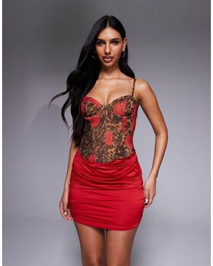 Oh Polly Mesh Corset Draped Mini Dress - Red