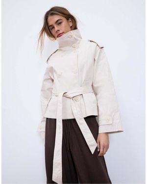 Stradivarius High Neck Trench Coat With Belt - White