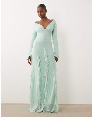 ASOS Stretch Chiffon Off Shoulder Long Sleeve Maxi Dress With Godets - Green