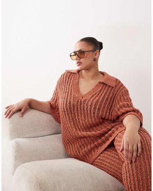ARRANGE Curve Crochet Collared Top Co Ord - Brown