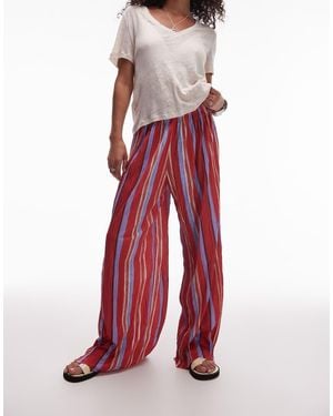 TOPSHOP Stripe Crinkle Wide Leg Trousers - Red