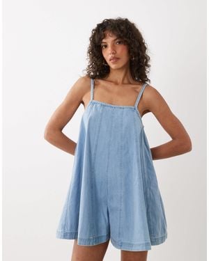 Nobody's Child Talli Cotton Denim Square Neck Cami Strap Romper - Blue