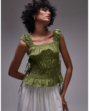 TOPSHOP Ruched Tiered Tie Side Top - Green