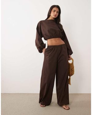 Missy Empire Linen Blend Elasticated Waist Wide Leg Trousers - Brown
