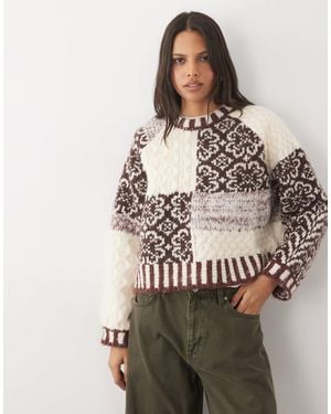 Pieces Pull en maille patchwork texturée - Marron