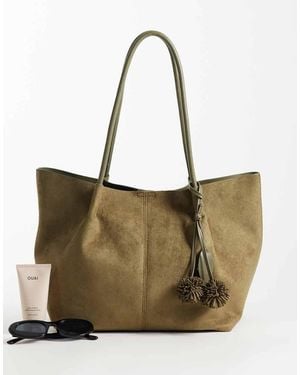 ASOS Faux Suede Tubular Handle Tote Bag With Internal Pouch And Detachable Charm Detail - Natural