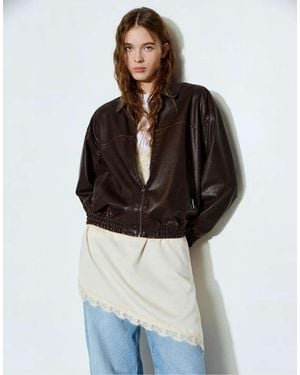 Pull&Bear Faux Leather Bomber Jacket - Brown