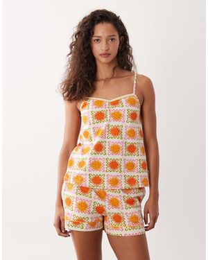 Chelsea Peers – pyjama mit gerafftem camisole und shorts mit knopfleiste und em gittermuster - Orange