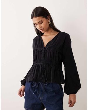 ASOS Long Sleeve Smock Top With Button Front - Black