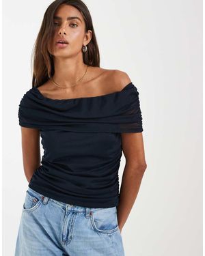 Object Top Van Gerimpeld Mesh Met Blote Schouders - Blauw