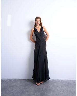 TOPSHOP – langes kleid für besondere anlässe, mit tiefem ausschnitt und transparenten einsätzen - Blau