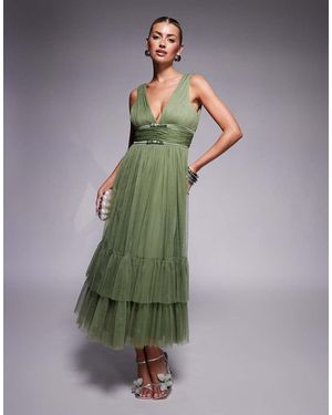 LACE & BEADS Midaxi Jurk Van Tule Met Strikjes Aan De Taille En Stroken - Groen