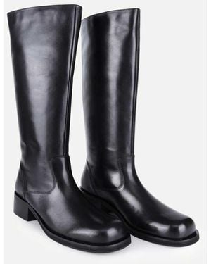 OFF THE HOOK Helia Leather Block Heel Knee High Boots - Black