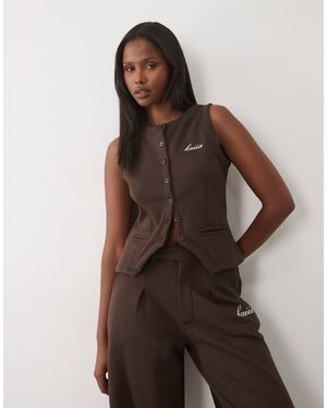Kaiia Cotton Rich Embroidered Logo Button Through Sweat Waistcoat Co-ord - Brown