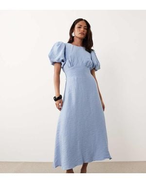 Nobody's Child Petite Symran Satin Slash Neck Puff Sleeve Midi Dress - Blue