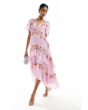Maya Plunge Midi Dress With Floral Embellished Detail - Pink