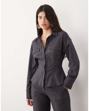 Kaiia Exclusive Tailored Stretch Woven Cinched Waist Seam Detail Shirt Co-ord - Blue