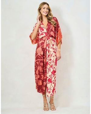 Hope & Ivy The Salma Kimono Sleeve Adjustable Tie Waist Midi Dress With Front Split - Red