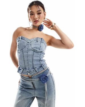 SIMMI Simmi Denim Structured Sweetheart Neck Corset Top With Corsage Choker Co-ord - Blue