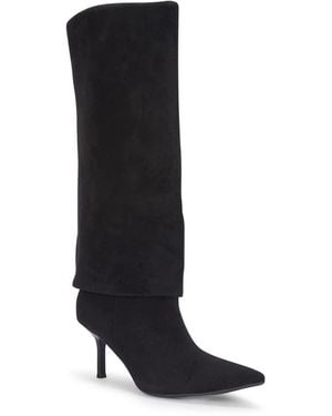 SEQWL Fold Over Knee High Boots Stiletto Heels With Pointed Toe - Black