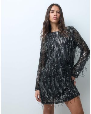 ONLY Long Sleeve Fringe Sequin Mini Dress - Black