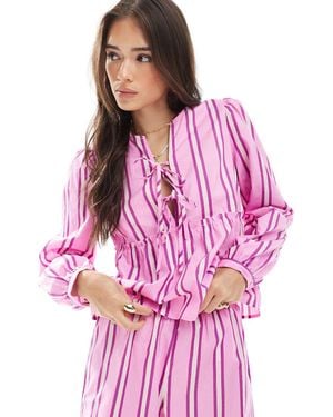 Pieces Tie Front Long Sleeve Blouse Co-Ord - Pink