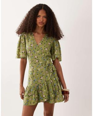Wednesday's Girl Floral Wrap Detail Flutter Sleeve Mini Dress - Green