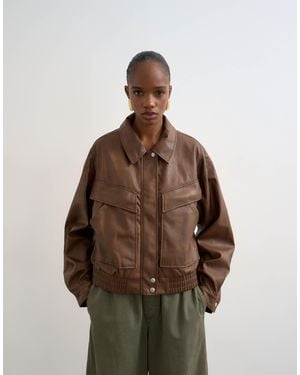 TOPSHOP Faux Leather Boxy Zip Through Pocket Bomber Jacket - Brown