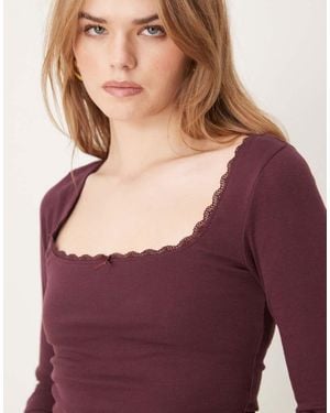 New Look Lace Trim Square Neck Long Sleeve Top - Purple