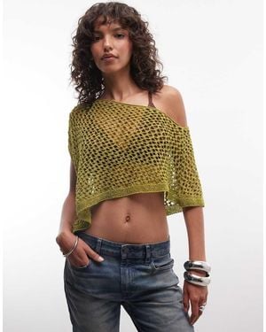 Reclaimed Vintage Crochet Knit Metallic Poncho - Green