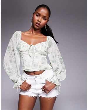 Love Triangle Balloon Sleeve Blouse With Lace Trim Cups - Gray