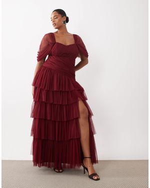 Lace & Beads Plus Tulle Fallen Shoulder Asymmetric Ruffle Detailing Maxi Dress - Red