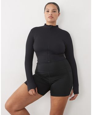 4505 Curve Seamless Baby Rib Cropped Zip Up Long Sleeve Top - Black