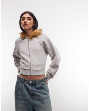 Collusion Fur Trim Hoodie Zip Through - Grey