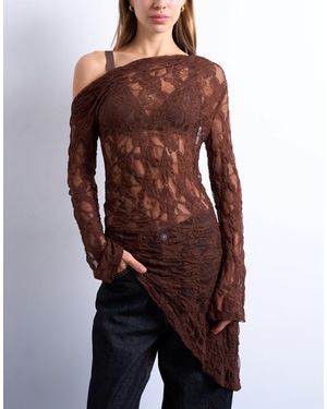 TOPSHOP Lace Off Shoulder Tunic Long Sleeve Top - Brown